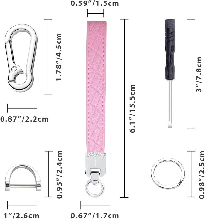 OHKYOOT Store Leather Wristlet Keychain,Car Key Chain Wrist Keychain with 3 Key Ring and Anti-Lost D Ring (Pink Silver) - Image 5